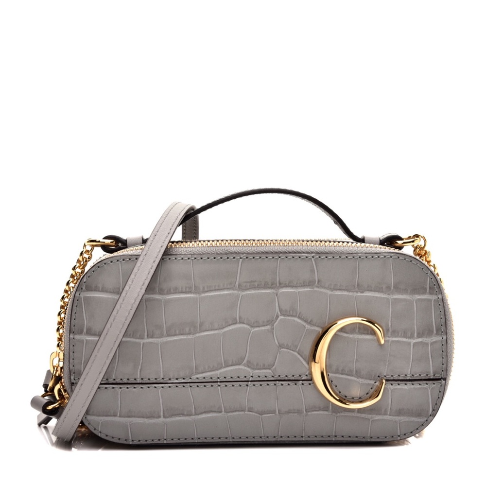 ☀️NWT☀️Chloé Mini C Vanity Bag Croc Embossed Gray